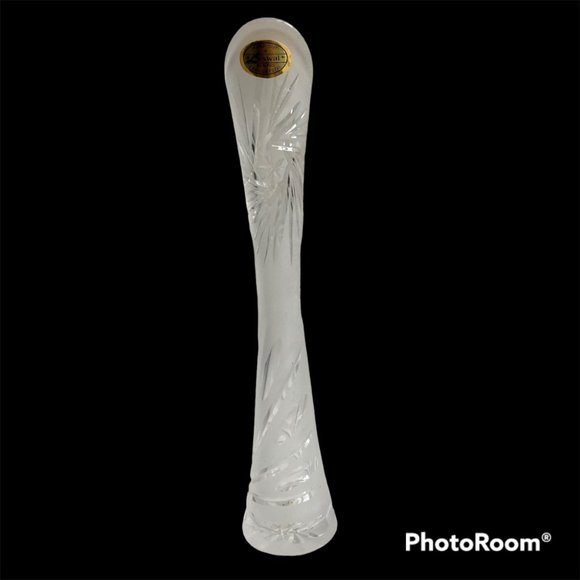 Vintage LESWAL Etched Vase Hand Cut Lead Crystal SWUNG Art Glass Made in Poland - Picture 3 of 16